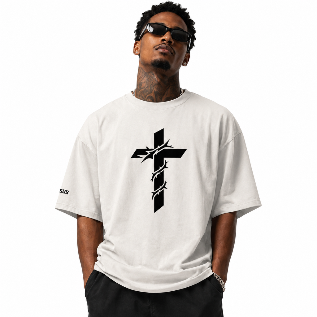 T-ESUS Faded Bone Thorn Cross Oversized Faded T-Shirt